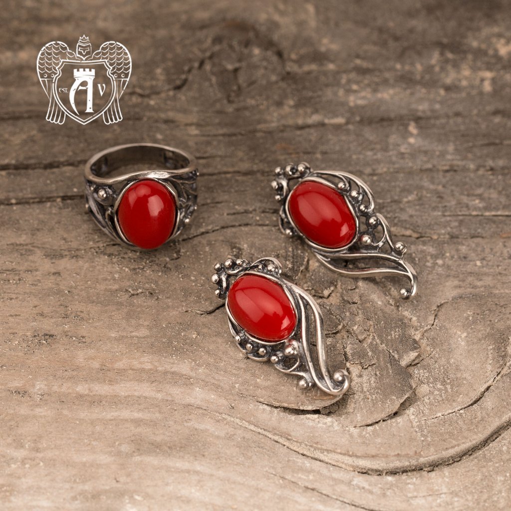 Кольцо и серьги  «Клео» с кораллом