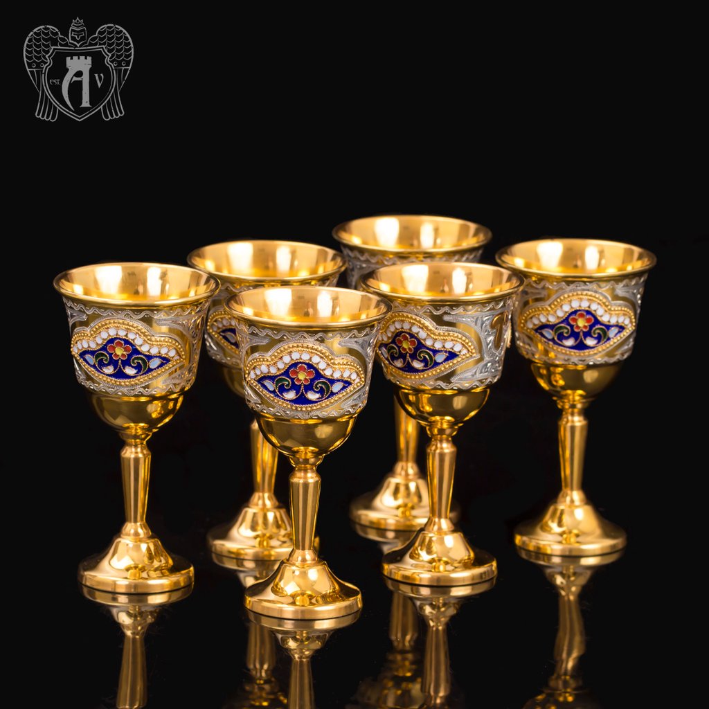 Набор серебряных рюмок с позолотой и эмалью  «Дворцовый»