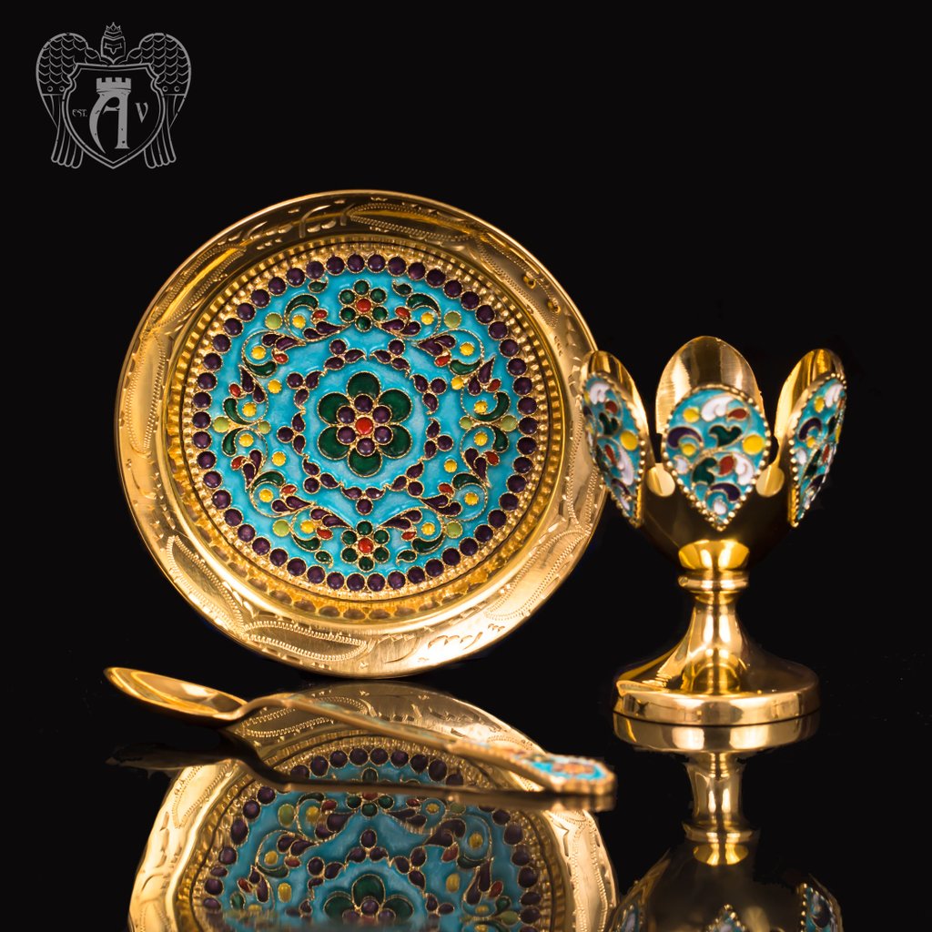 Пашотница на тарелочке с ложкой «Прима» с золочением и эмалью