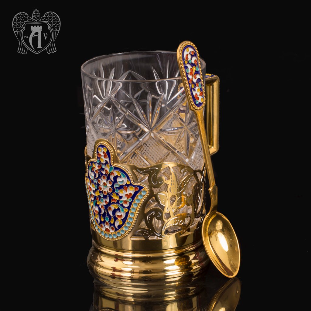 Подстаканник из серебра с эмалью «Царский» с ложкой