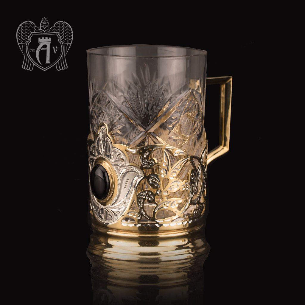 Подстаканник  из серебра с золочением с натуральным камнем «Агат»