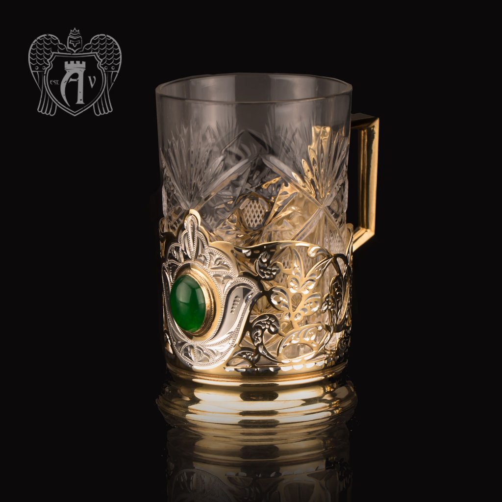 Подстаканник  из серебра с золочением с натуральным камнем «Хризопраз»