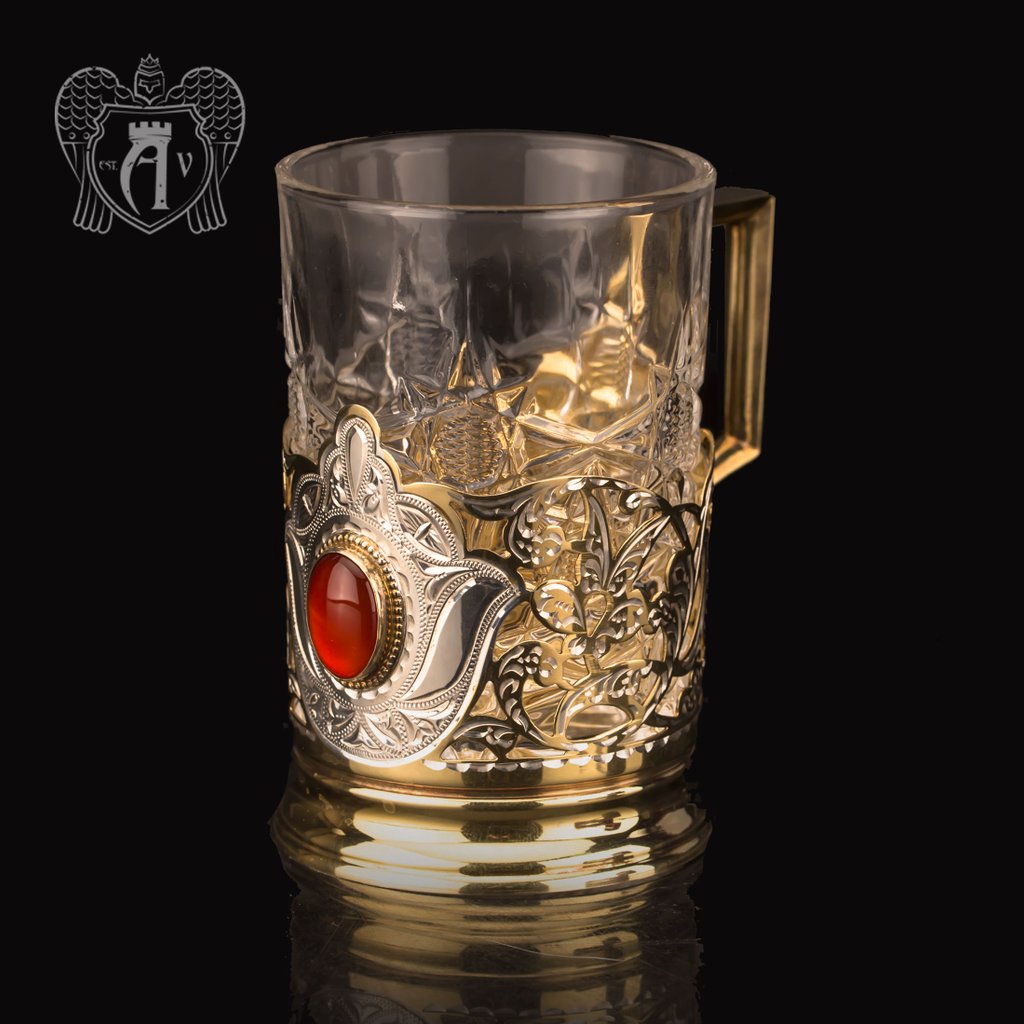 Подстаканник  из серебра с золочением с натуральным камнем «Сердолик»