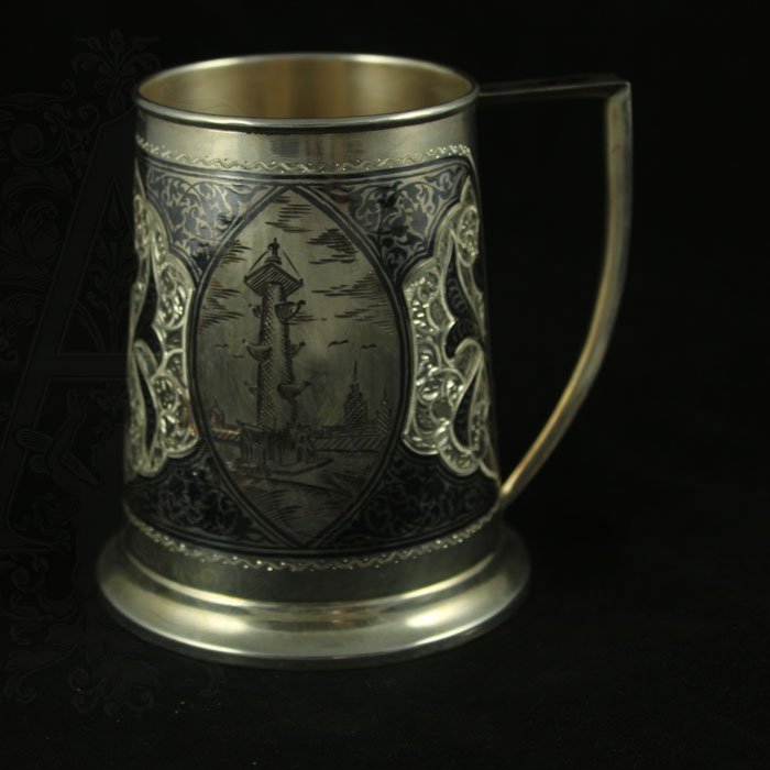 Серебряная пивная кружка «Петербург» 1000 мл с изысканным резным дизайном
