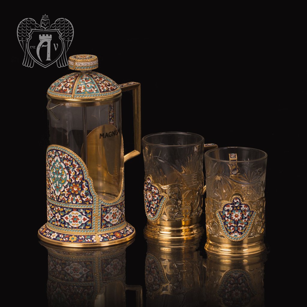 Серебряный френч-пресс с двумя подстаканниками  для чая «Сказка»