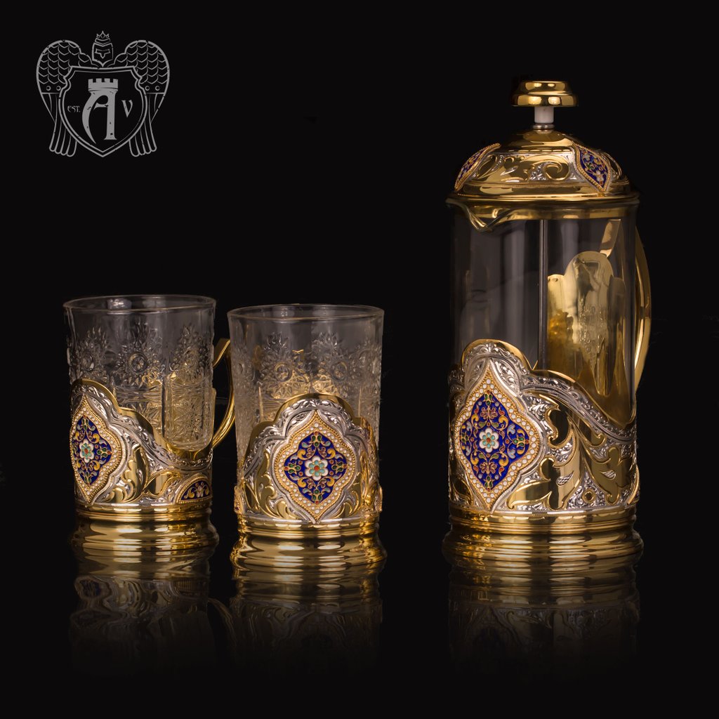 Серебряный френч-пресс с двумя подстаканниками  для чая «Султан»