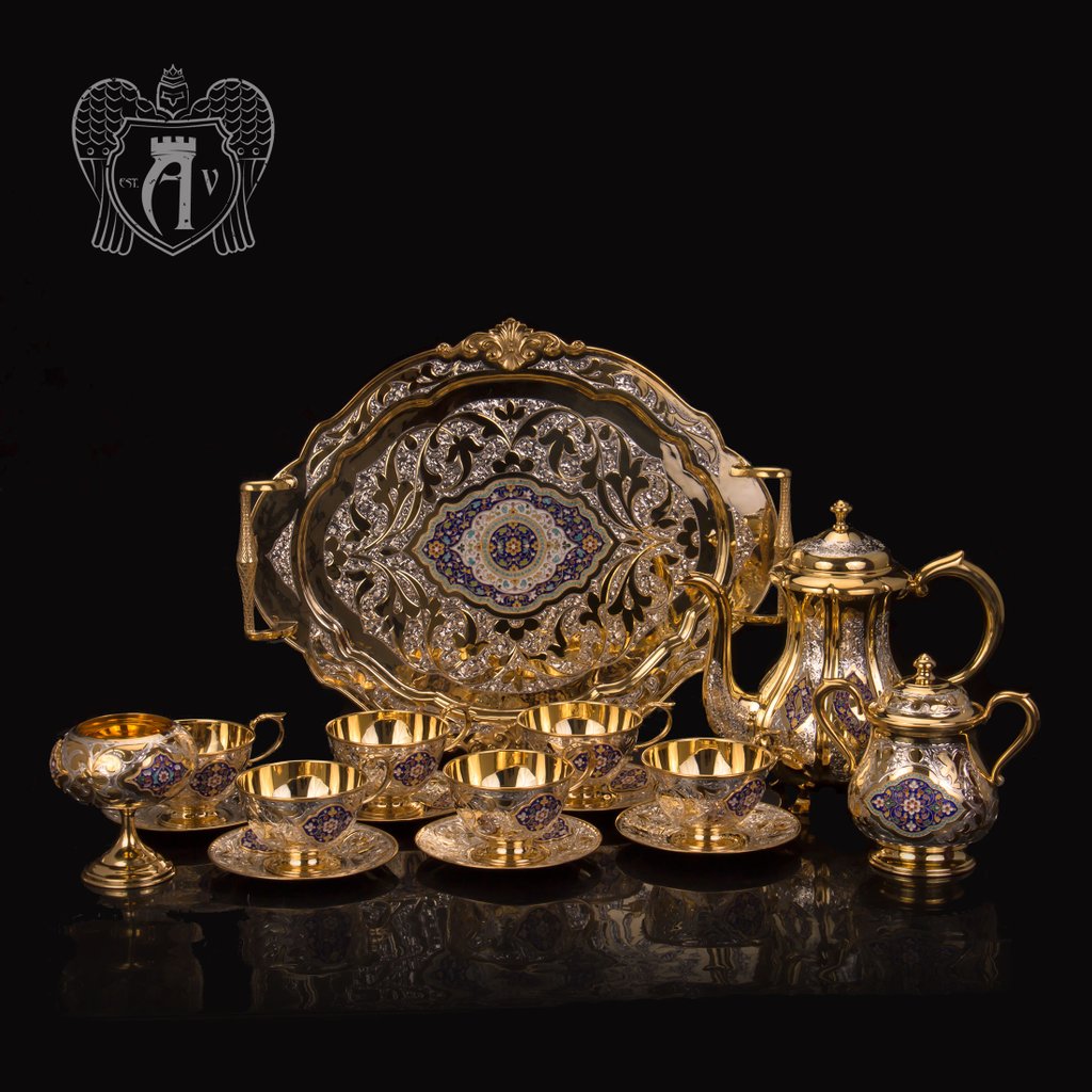 Серебряный сервиз чайный  с горячей эмалью  «Клод»