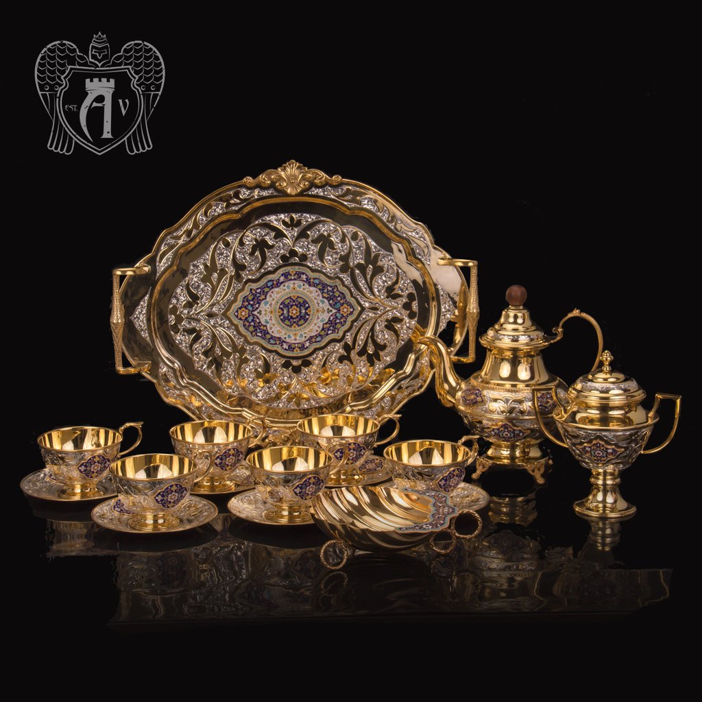 Серебряный сервиз чайный  с горячей эмалью  «Вальмонт»