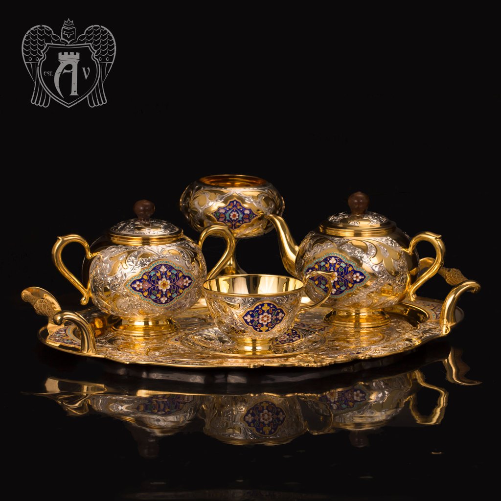 Серебряный сервиз чайный  с горячей эмалью  «Вермонт»