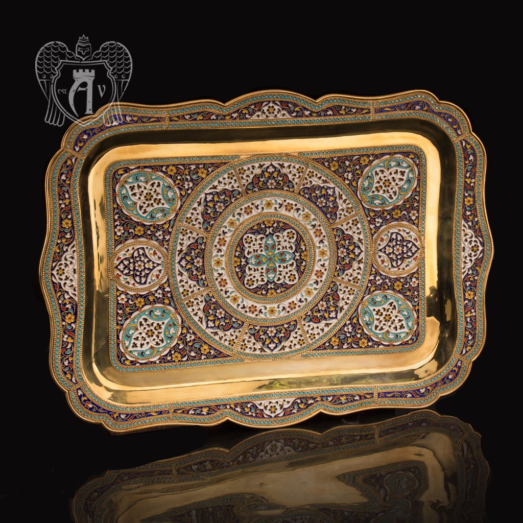 Большой поднос из серебра «Авалон» с золочением и эмалью