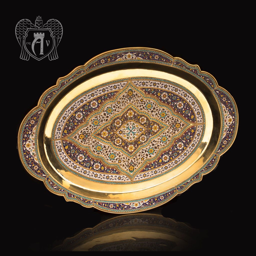Большой поднос из серебра «Легенда» с золочением и эмалью