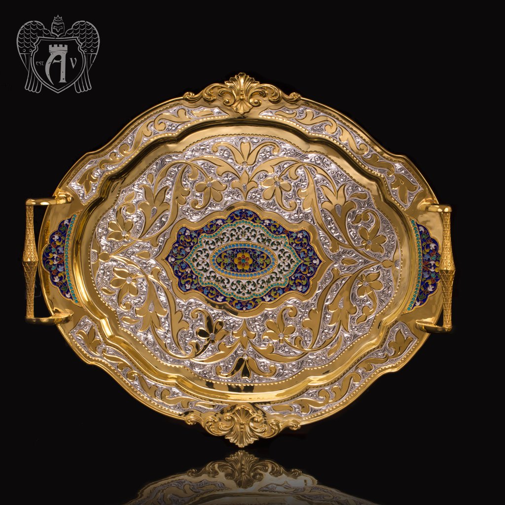 Большой поднос из серебра «Ричмонд» с золочением и эмалью