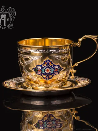 Чайная пара с золочением и эмалью «Глория»