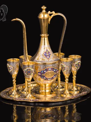 Коньячный сервиз из серебра с позолотой и эмалью «Багдад»