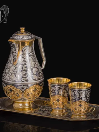 Набор для воды кувшин и два стакана из серебра «Легенда»