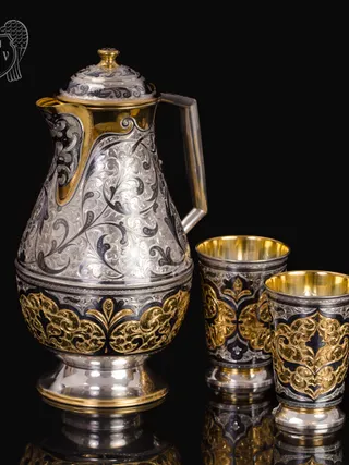 Набор для воды кувшин и два стакана из серебра «Осирис»