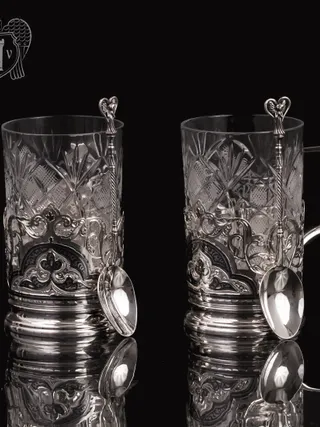 Набор из двух подстаканников из  серебра «Гармония» с ложкой