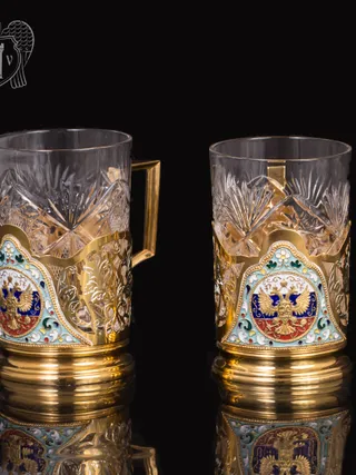 Набор из двух подстаканников из серебра с эмалью «Герб» с золочением