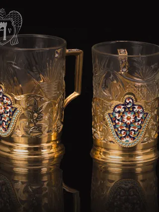 Набор из двух подстаканников  из серебра с эмалью «Сказка» с золочением
