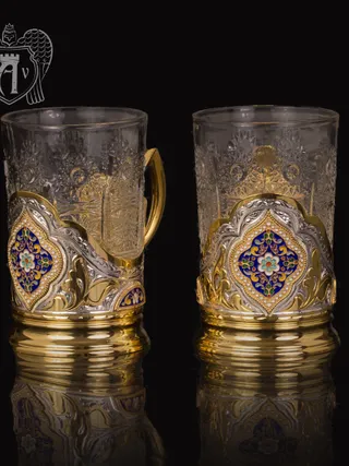 Набор из двух подстаканников  из серебра с эмалью «Султан» с золочением
