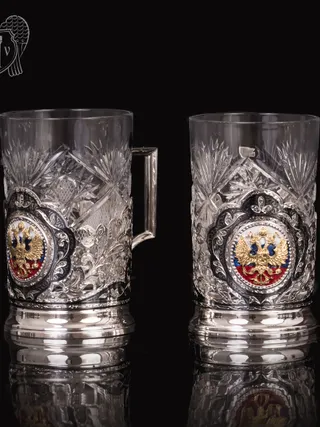 Набор из двух подстаканников с гербом из серебра с эмалью «Двуглавый орел»