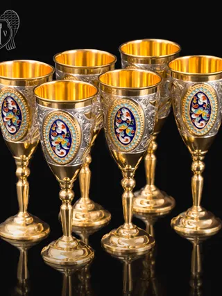 Набор серебряных рюмок с позолотой и эмалью  «Империал»