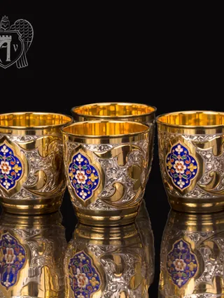 Набор серебряных стаканов «Теодор» с золочением и эмалью 4 шт