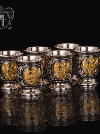 Набор серебряных стопок  «Герб России» 6 шт