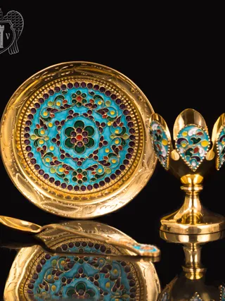 Пашотница на тарелочке с ложкой «Прима» с золочением и эмалью