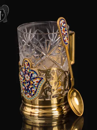 Подстаканник из серебра с эмалью «Царский» с ложкой