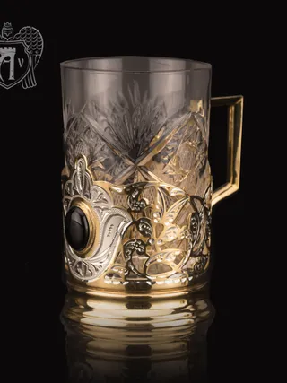 Подстаканник  из серебра с золочением с натуральным камнем «Агат»