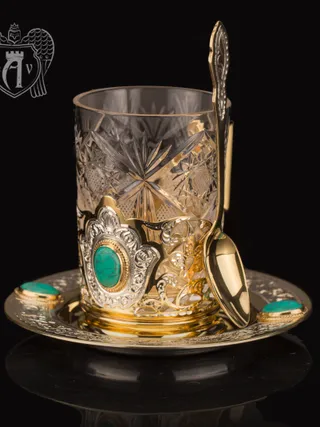 Подстаканник с блюдцем и ложкой из серебра с натуральным камнем «Бирюза»