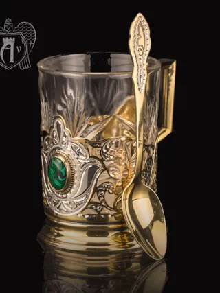 Подстаканник с ложкой из серебра с натуральным камнем «Малахит»