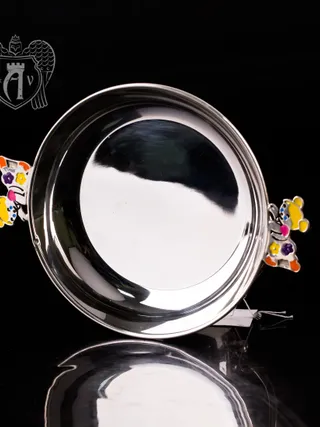 Серебряное детское блюдце «Мишка» с горячей эмалью