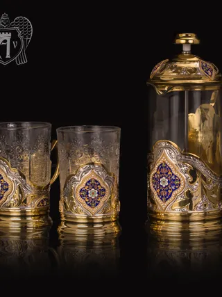 Серебряный френч-пресс с двумя подстаканниками  для чая «Султан»