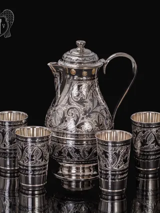 Серебряный кувшин и четыре стакана 925 пробы «Глоток свежести»