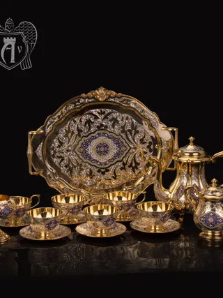 Серебряный сервиз чайный  с горячей эмалью  «Клод»