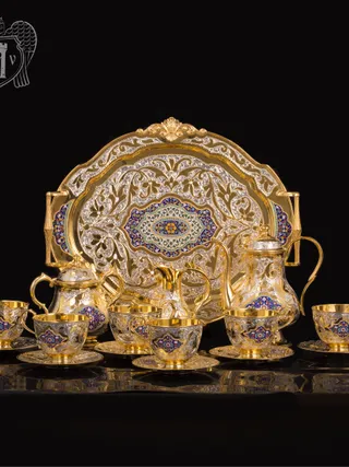 Серебряный сервиз чайный  с горячей эмалью  «Ричмонд»