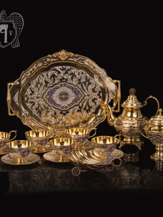 Серебряный сервиз чайный  с горячей эмалью  «Вальмонт»