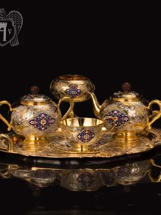 Серебряный сервиз чайный  с горячей эмалью  «Вермонт»