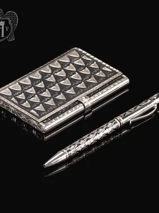 Визитница серебряная и ручка «Графика»
