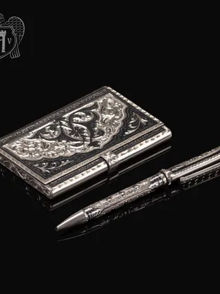 Визитница серебряная и ручка «Командор»