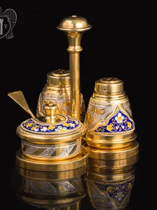 Серебряный набор для специй серия «Императрица» с золочением и эмалью