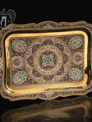 Большой поднос из серебра «Авалон» с золочением и эмалью