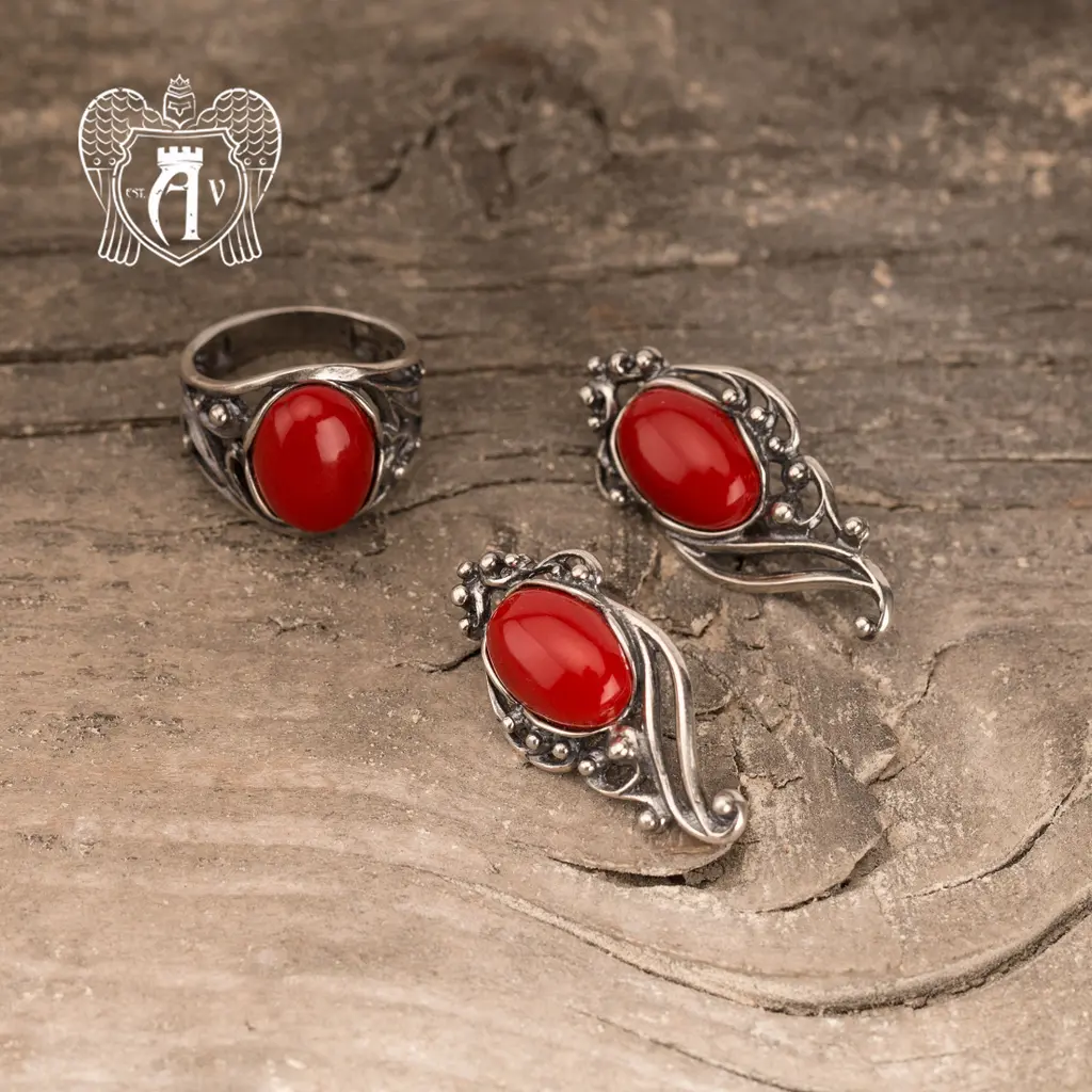 Кольцо и серьги  «Клео» с кораллом