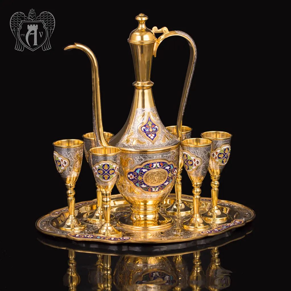 Коньячный сервиз из серебра с позолотой и эмалью «Багдад»