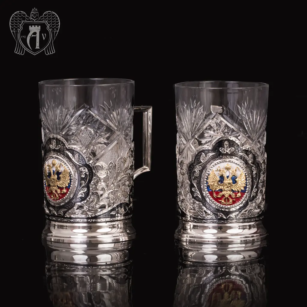 Набор из двух подстаканников с гербом из серебра с эмалью «Двуглавый орел»