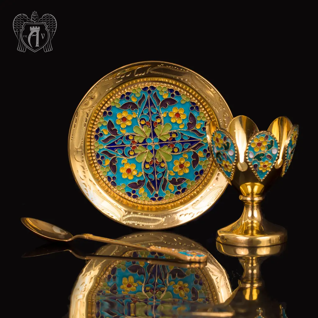 Пашотница на тарелочке с ложкой «Аркона» с золочением и эмалью