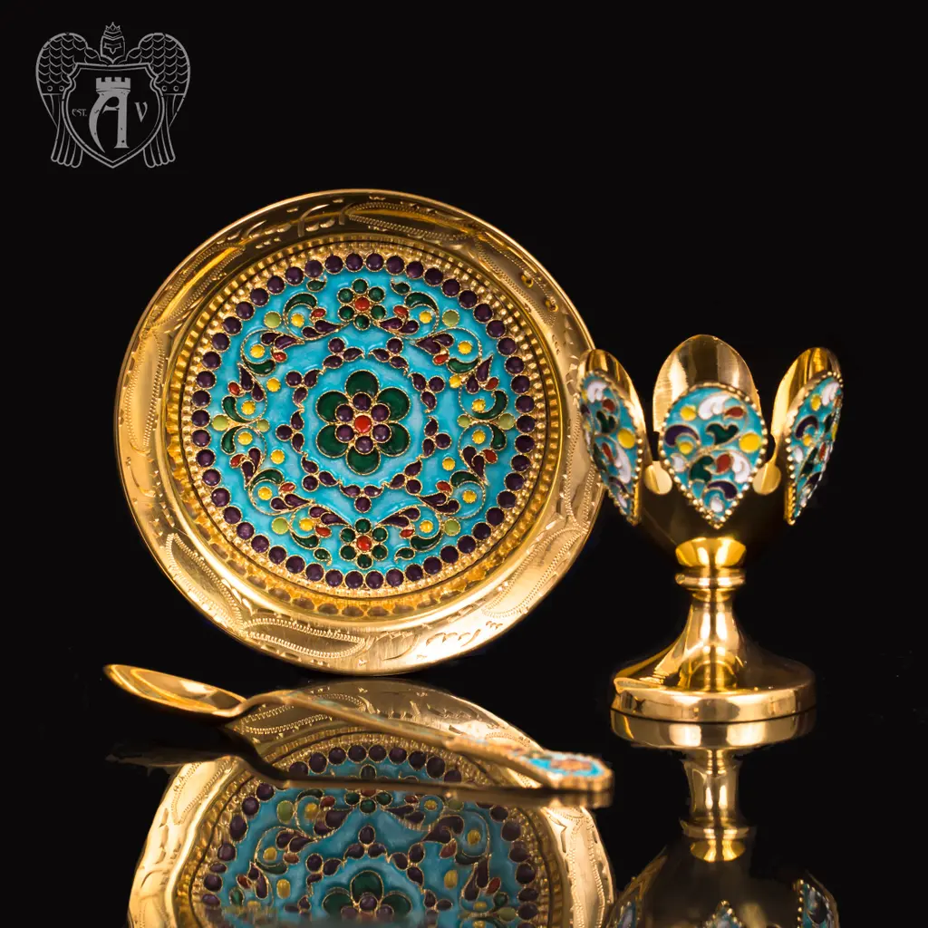 Пашотница на тарелочке с ложкой «Прима» с золочением и эмалью