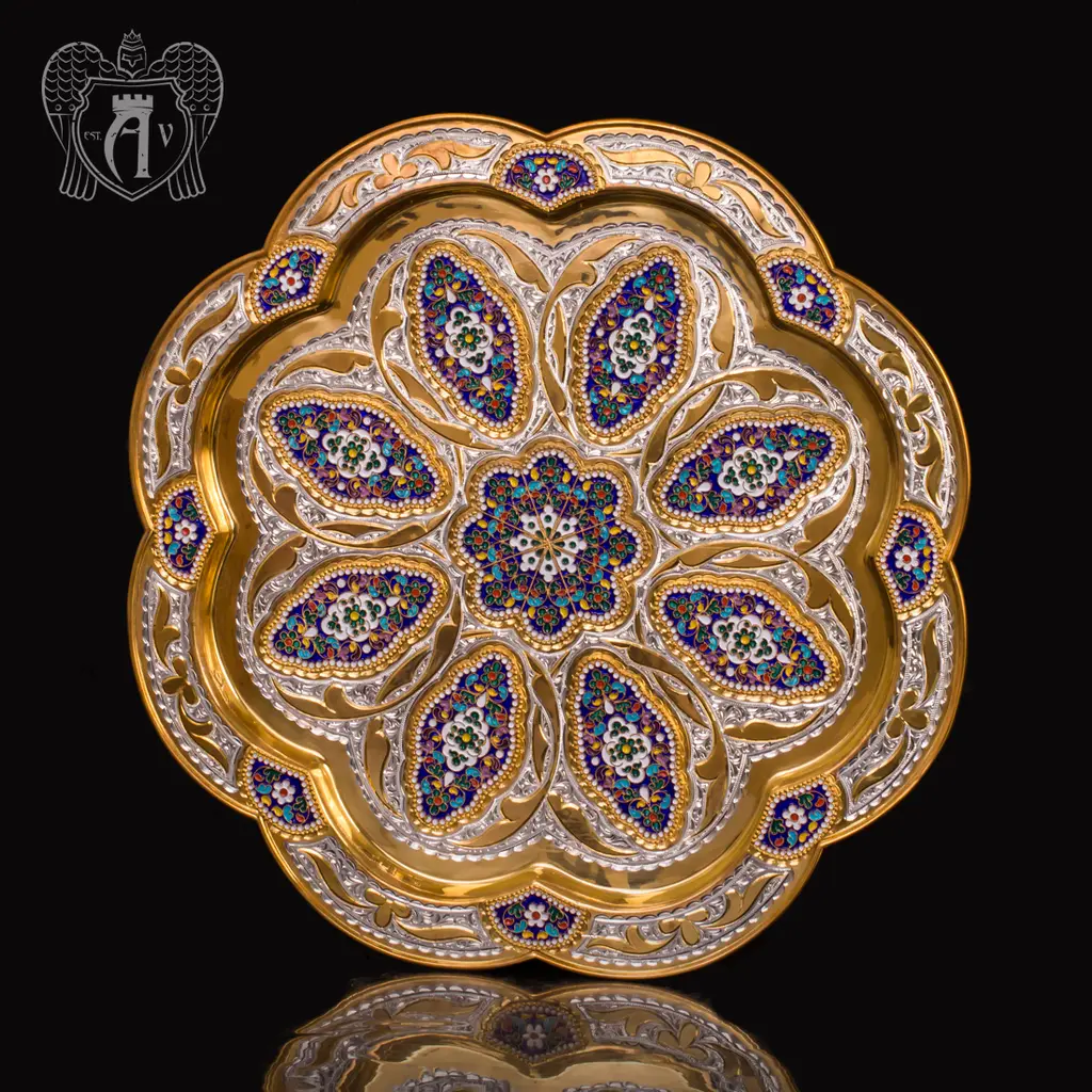 Поднос серебряный «Бухарест» с золочением и горячей эмалью